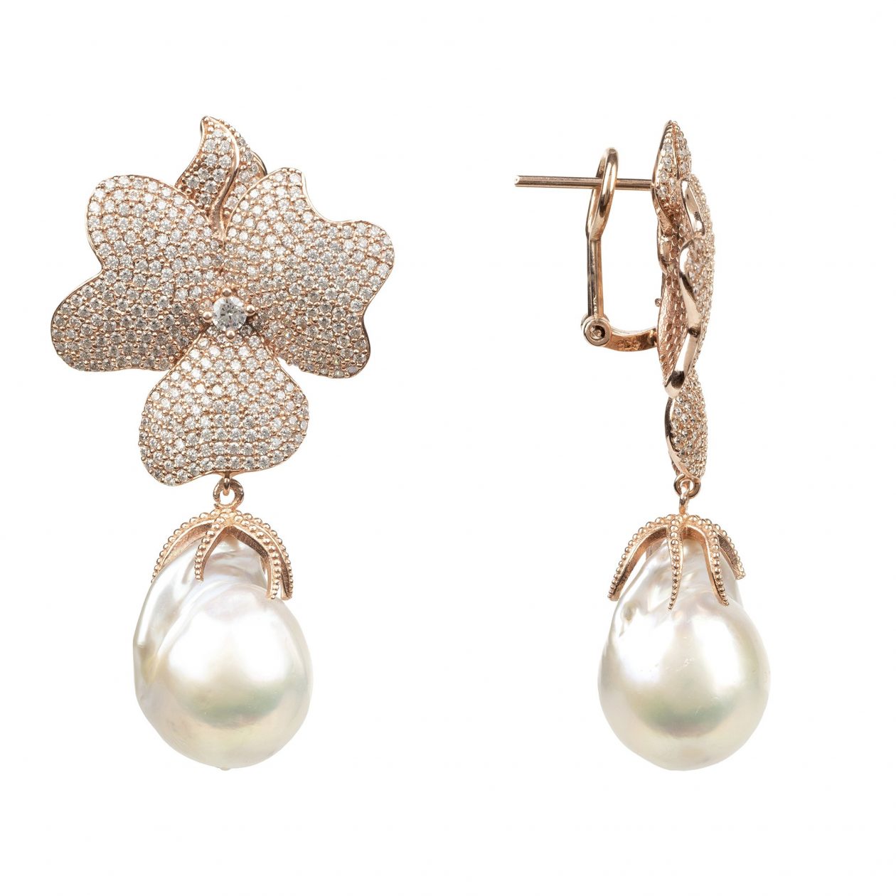 Latelita London White Flower Baroque Pearl Drop Earrings Rosegold