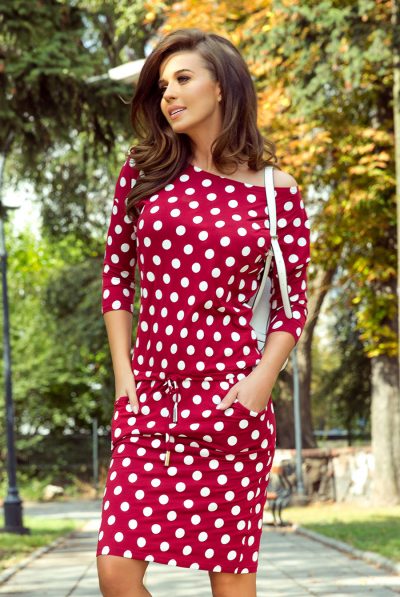 Burgundy Polka Dot Off Shoulder Dress