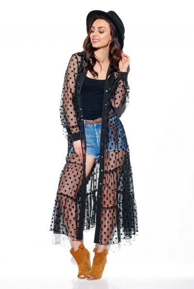 Mesh Polka Dot Long Line Cardigan