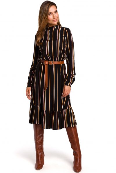 Striped Belted High Neck Dress