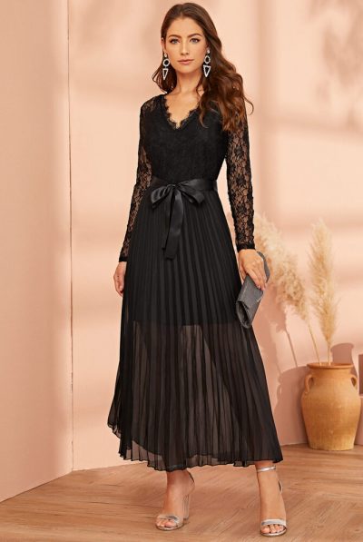 Black Pleat  Lace Dress