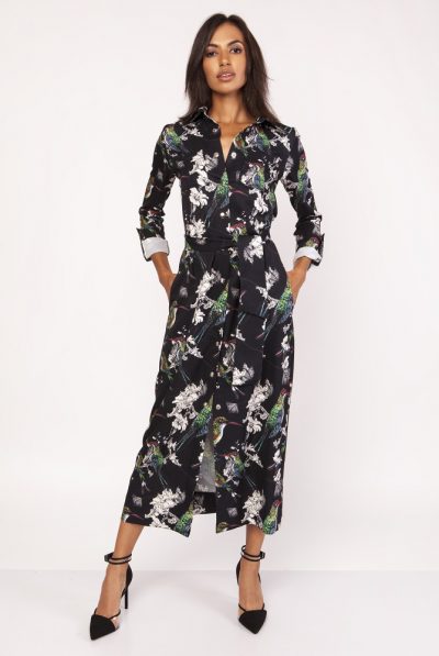 Floral Bird Print Long Sleeved Maxi Dress