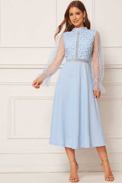 Pastel Blue Mesh Sleeve Dress