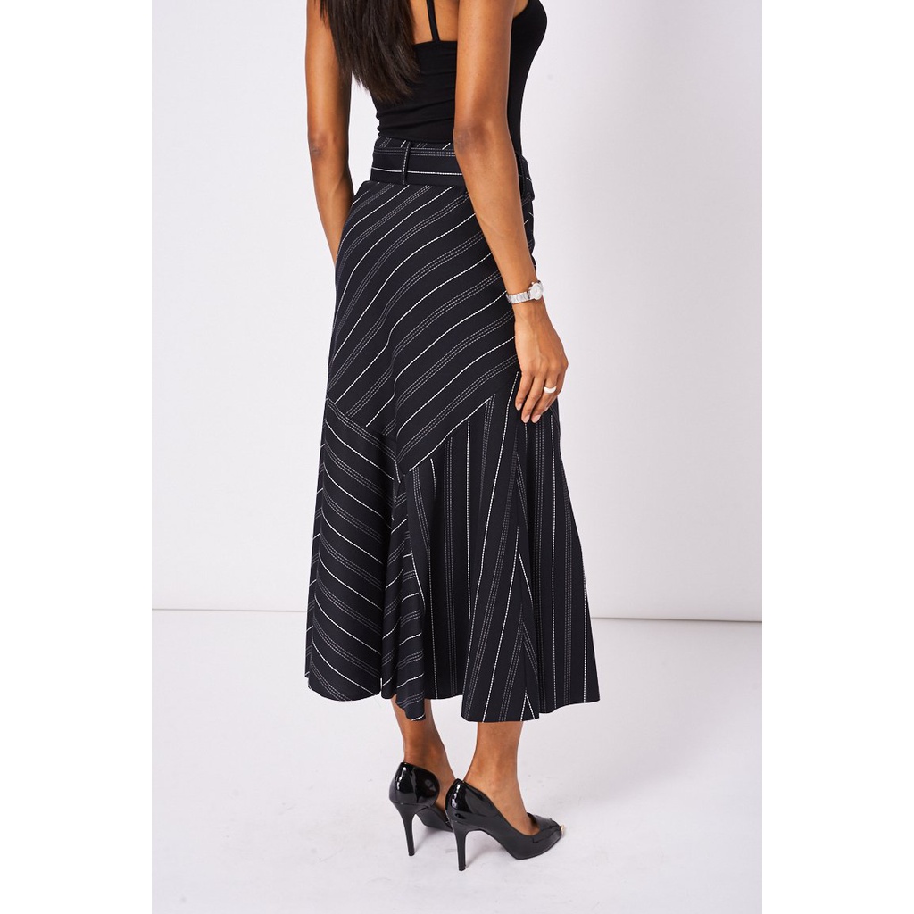 Black Tie Waist Diagonal Stripe Skirt