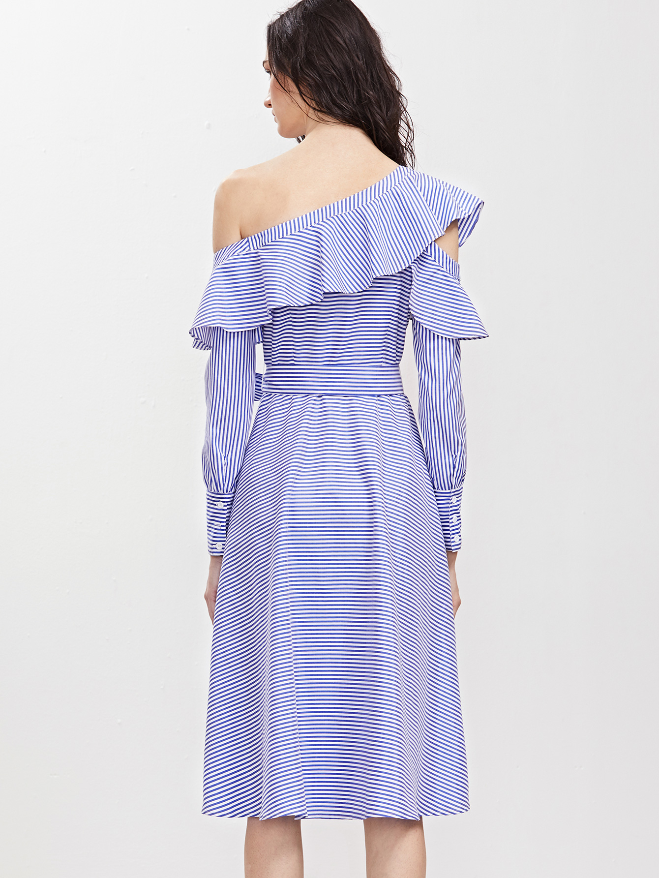 Blue Striped Ruffle Off Shoulder Dress