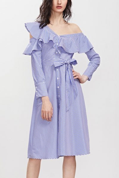 Blue Striped Ruffle Off Shoulder Dress