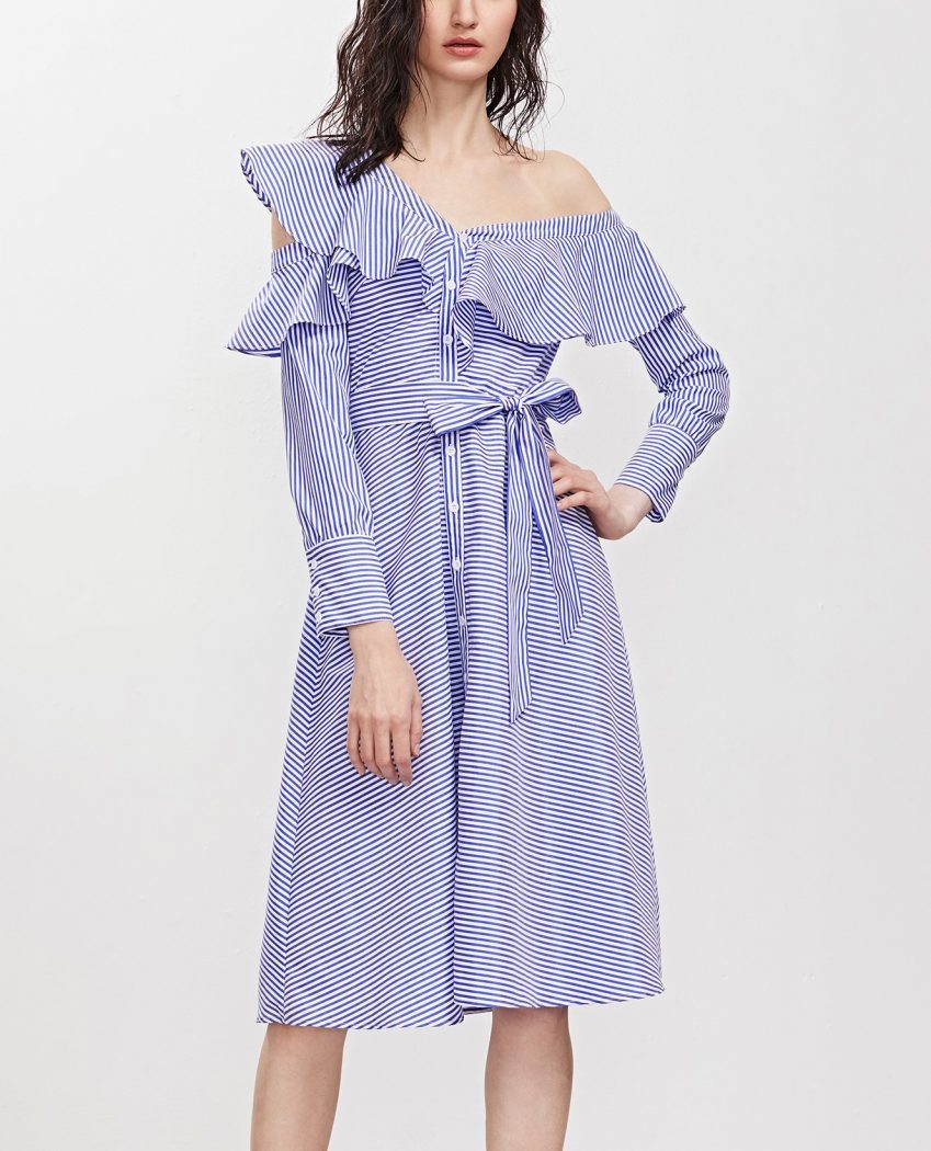 Blue Striped Ruffle Off Shoulder Dress