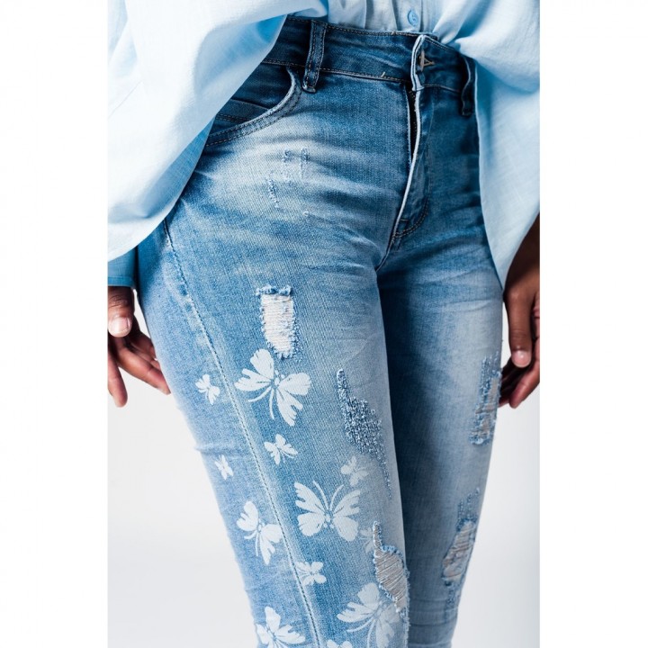 Embroidered Butterfly Skinny Jeans