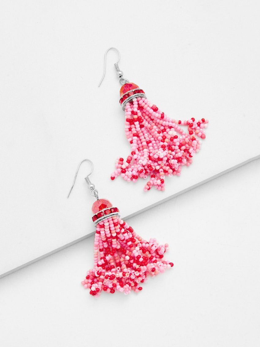 Pink Beaded Tassel Shaped Earrings