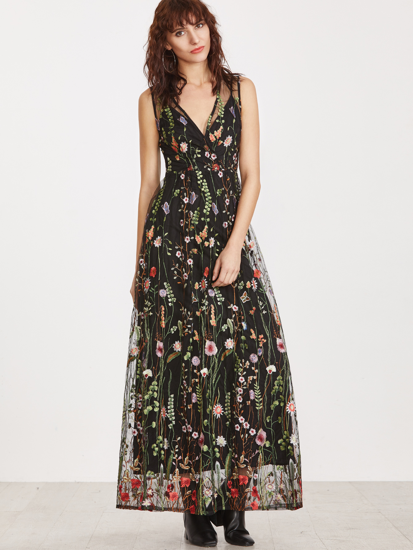 embroidered flower mesh dress