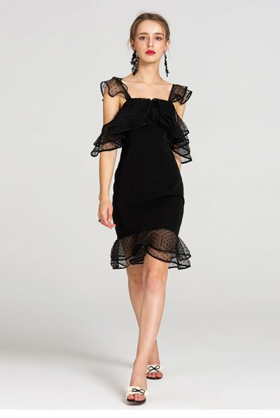 Black Brocade Polka Mesh Dress
