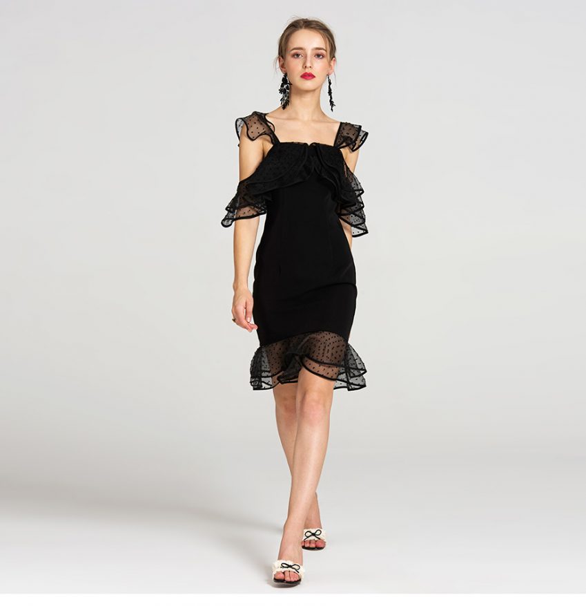 Black Brocade Polka Mesh Dress