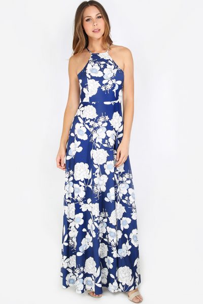 Forever Blue & White Halter Maxi Dress