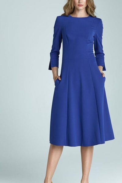 Blue Elegant Midi Dress with "V" Back