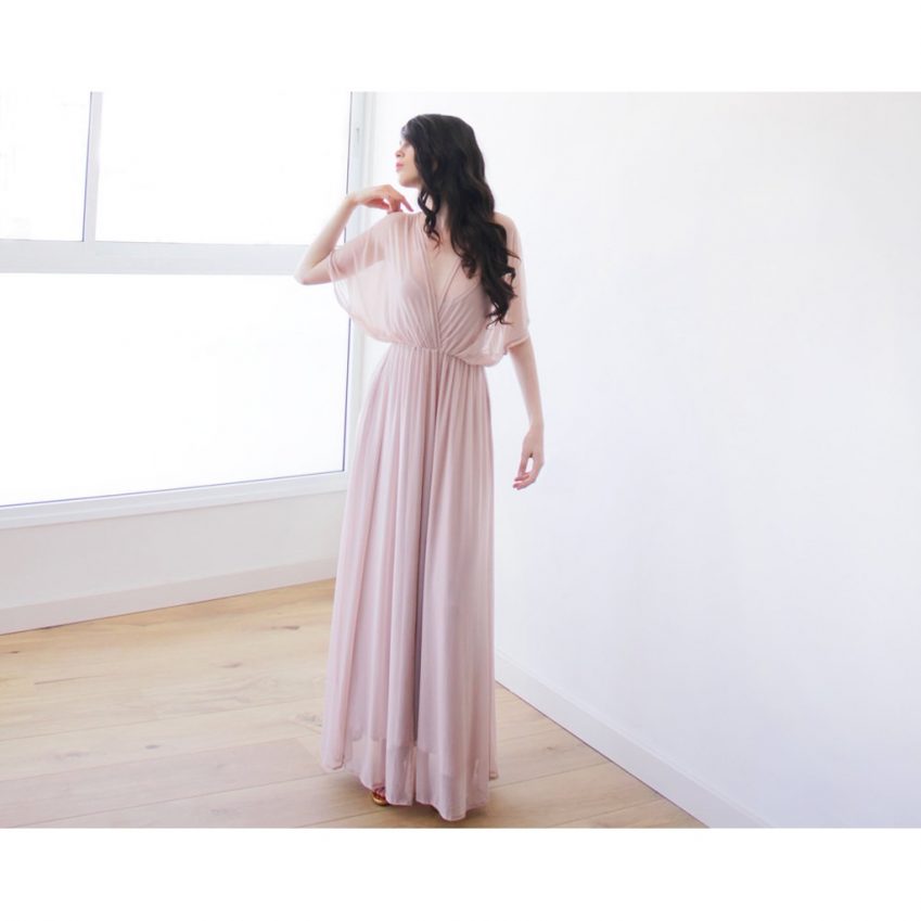 Blush Pink Sheer Chiffon Bat-wing Maxi Dress