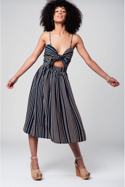 Navy Striped Bow Midi Dress