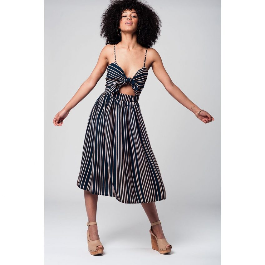 Navy Striped Bow Midi Dress