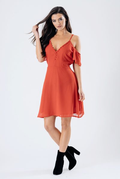 Red Cold-Shoulder Tea Dress