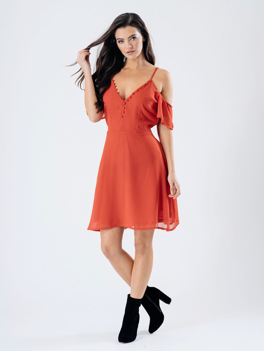 Red Cold-Shoulder Tea Dress