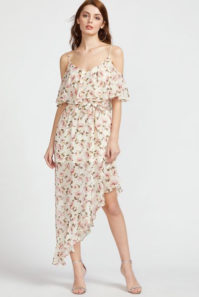 Calico Cold Shoulder Ruffle Dress