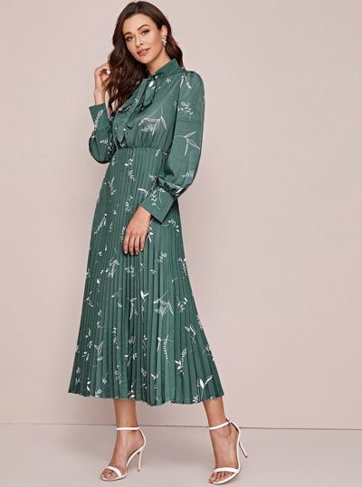 Plants Pleated Tie Neck Dress