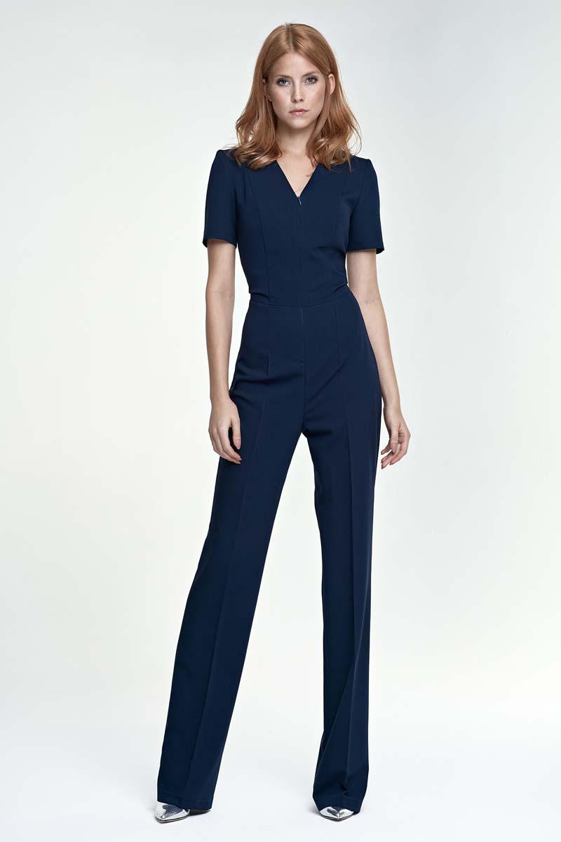 Emeros Women Cap Sleeve Notched Collar Tie-Waist Navy Blue Jumpsuit