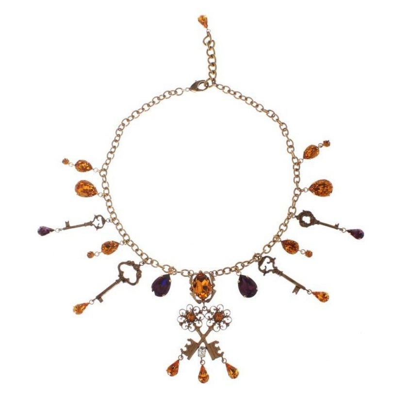 Dolce & Gabbana Gold Brass Floral Crystal Sacred Key Charms Necklace