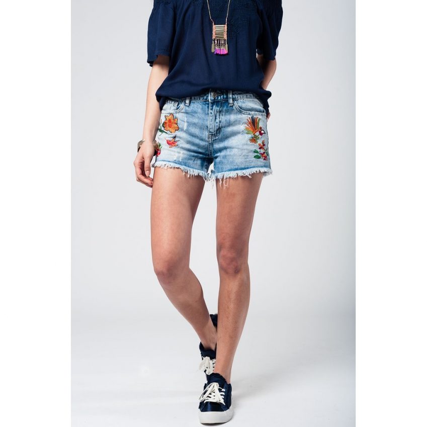 Embroidered Denim Shorts