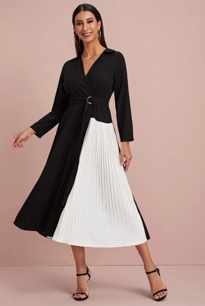 Monochrome Wrap Pleated Dress