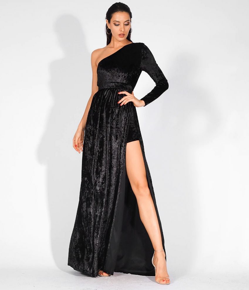 Velvet One Shoulder Evening Dress