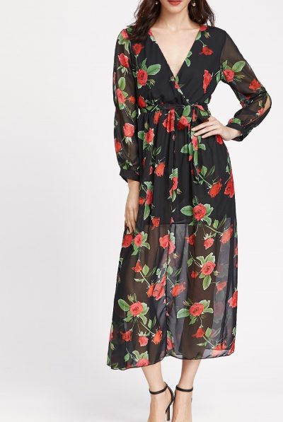 Black Floral Maxi Wrap Dress