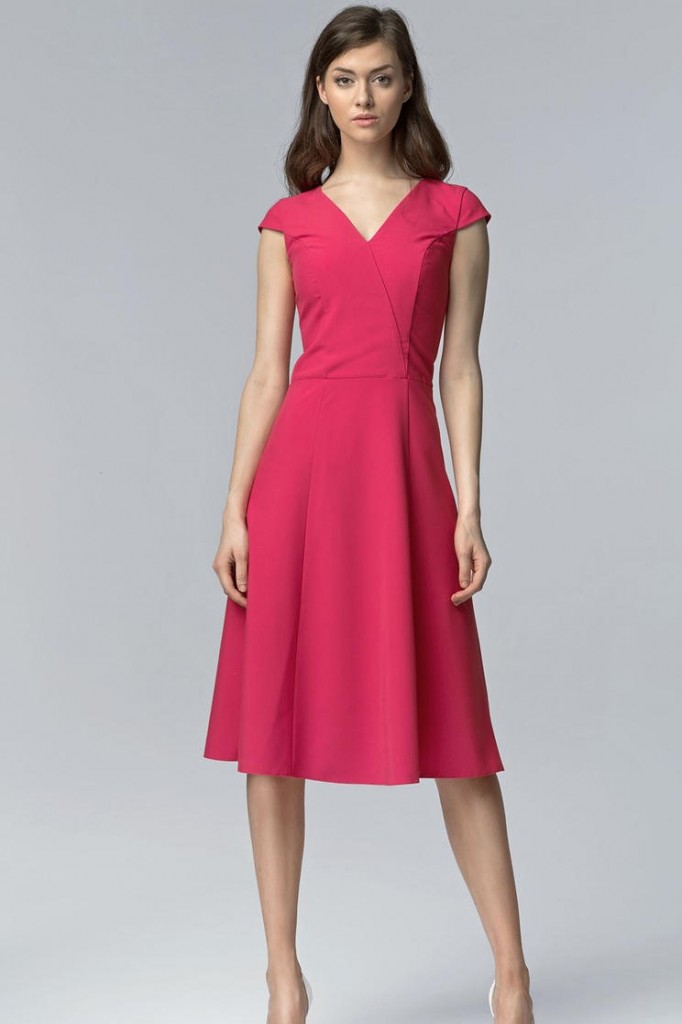 Fuchsia V Neck Cross Bodice Seam Dress with Cap Sleeves