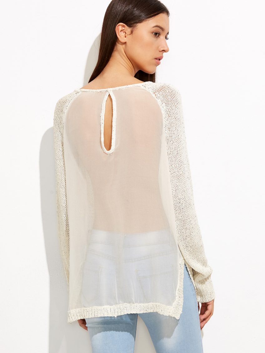 Keyhole White Back Mesh Sweater
