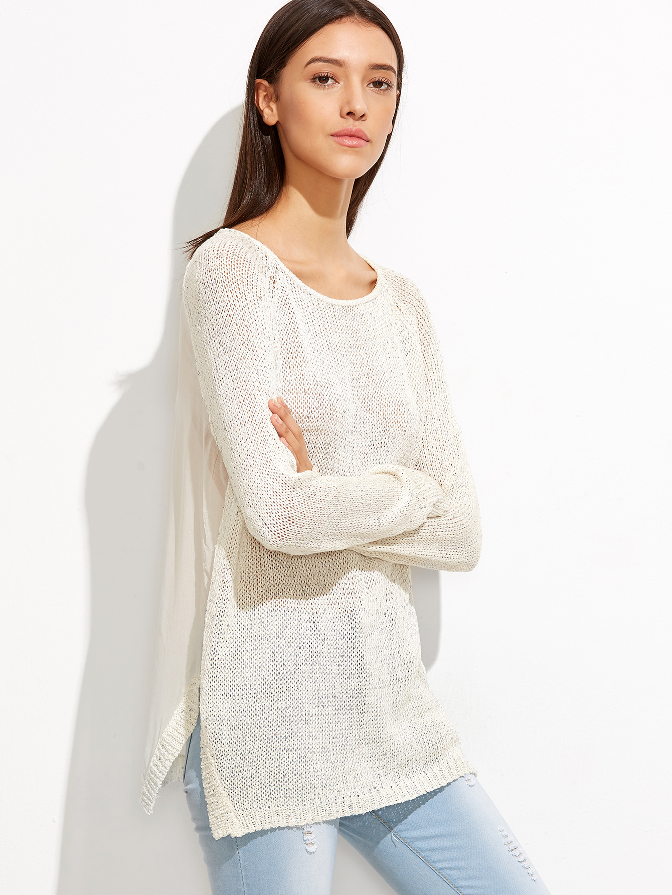 Keyhole White Back Mesh Sweater