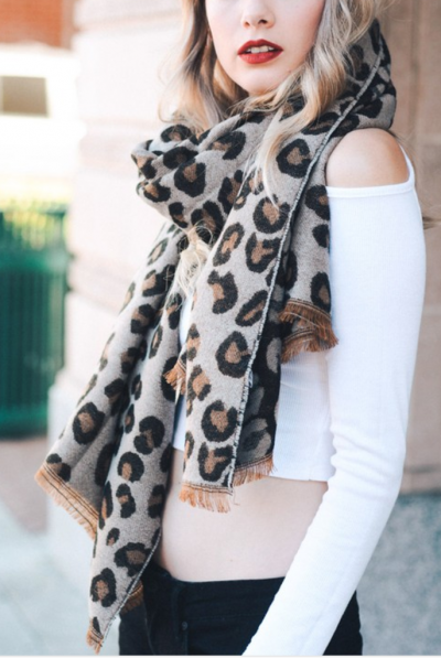 Camel Leopard Print Blanket Scarf