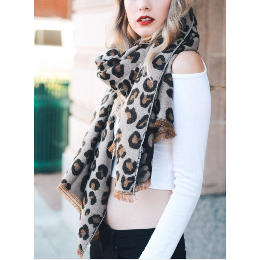 Camel Leopard Print Blanket Scarf