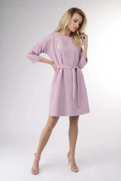 Lilac Embroidered Belted Dress - Various Colours