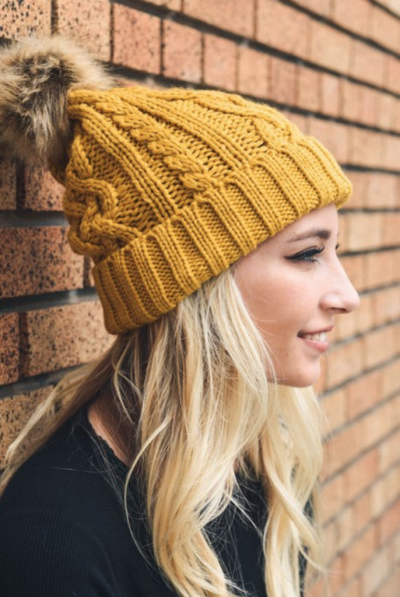 Hip Mustard Cable Knit Fur Pom Beanie