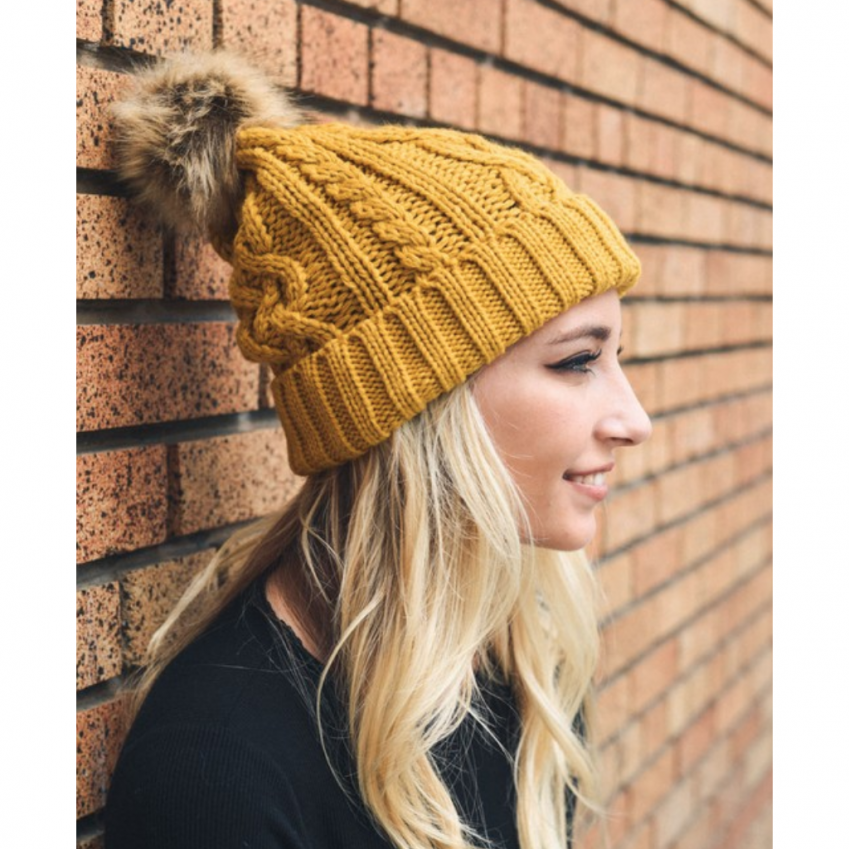 Hip Mustard Cable Knit Fur Pom Beanie