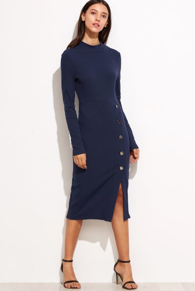 Navy Button Pencil Dress