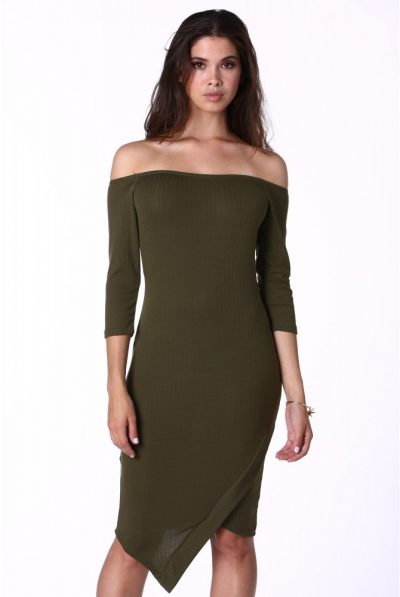 Olive Envelope Ribbed Midi Dress