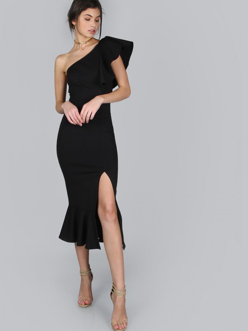 Calico Black One Shoulder Peplum Dress
