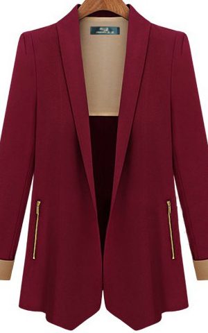 Wine Red Lapel Long Sleeve Fitted Blazer