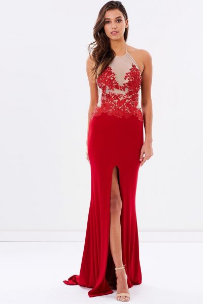 Beaded Lace Evening Dress - Red