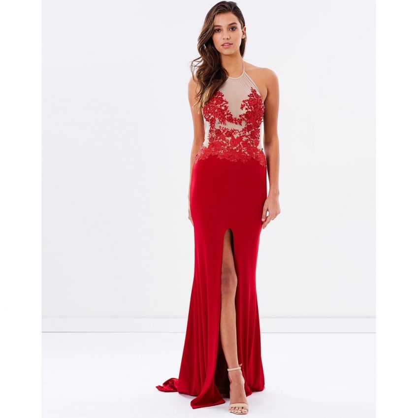Beaded Lace Evening Dress - Red
