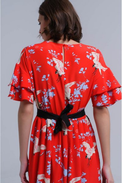 Red printed dress back tie