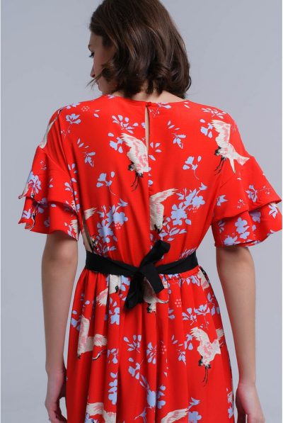 Red printed dress back tie