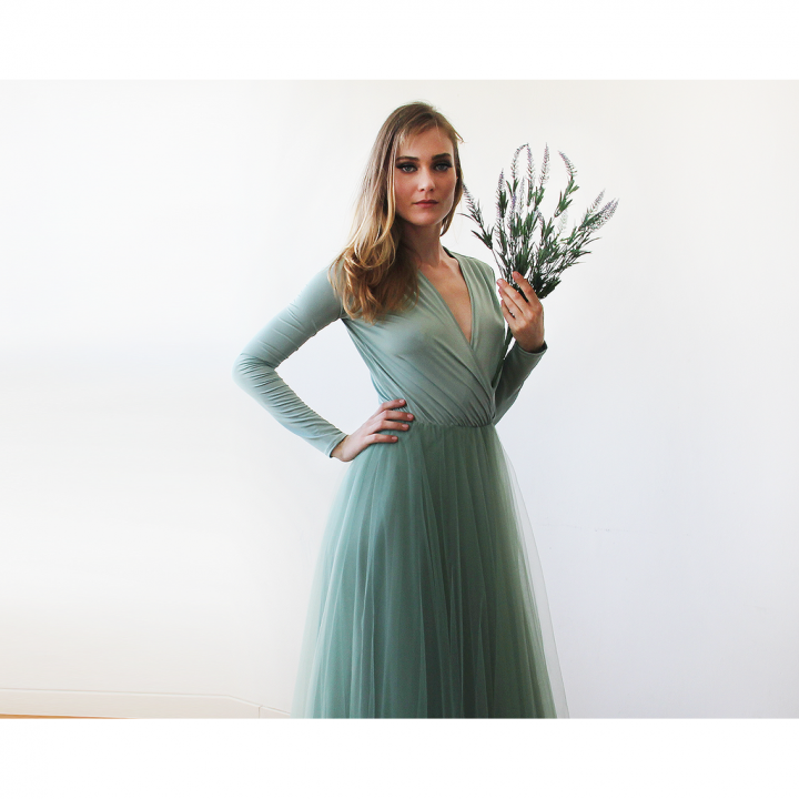 Sage Green Tulle Maxi Bridesmaid Dress