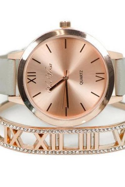 Sparkle & Jade Rose Gold Grey Watch & Roman Numeral Bangle Set