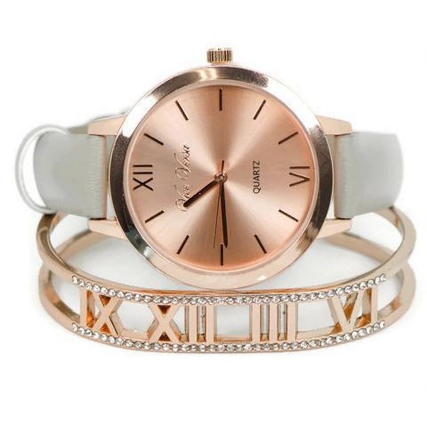 Sparkle & Jade Rose Gold Grey Watch & Roman Numeral Bangle Set